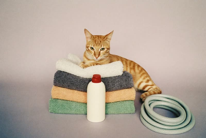 Clean folded towels, a wash hose and an unlabelled shampoo bottle